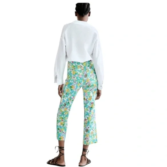 Women's Zara Floral Printed Linen Blend‎ Flare Trousers  Size 4 New with Tags - Picture 4 of 14